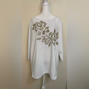 Quacker Factory Women’s White & Gold Sequins Shirt Top 3/4 Sleeves Size 2XL.NWOT
